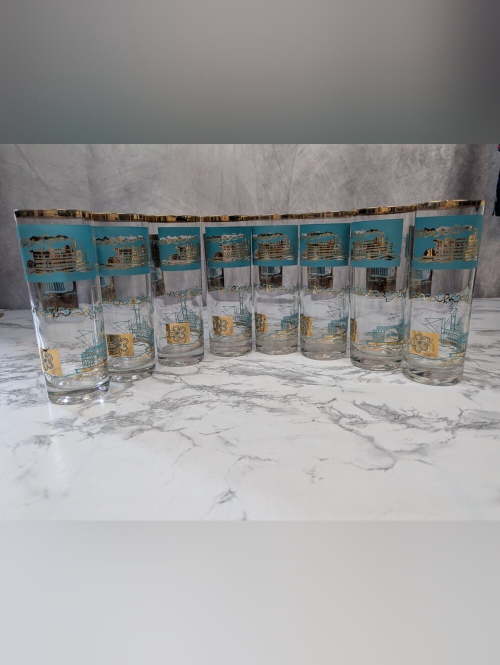 Vintage MCM Nebraska Gold & Turquoise Highball Glasses - Set of 8